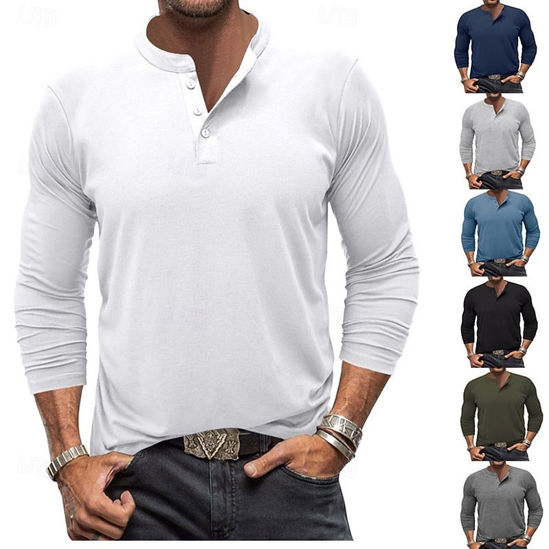 Men's long-sleeve henley shirt with button placket and casual fit