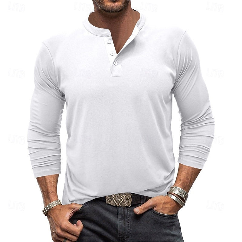 Men's long-sleeve henley shirt with button placket and casual fit