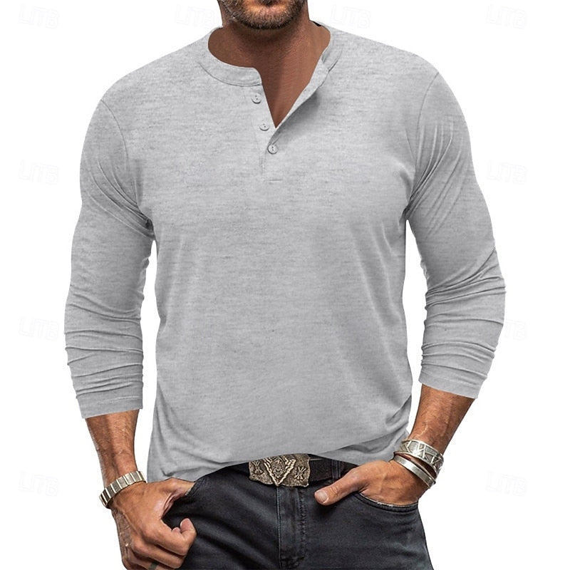 Men's long-sleeve henley shirt with button placket and casual fit