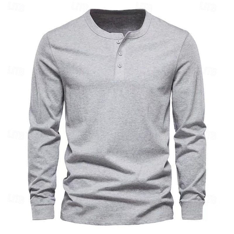 Men's long-sleeve henley shirt with button placket and casual fit