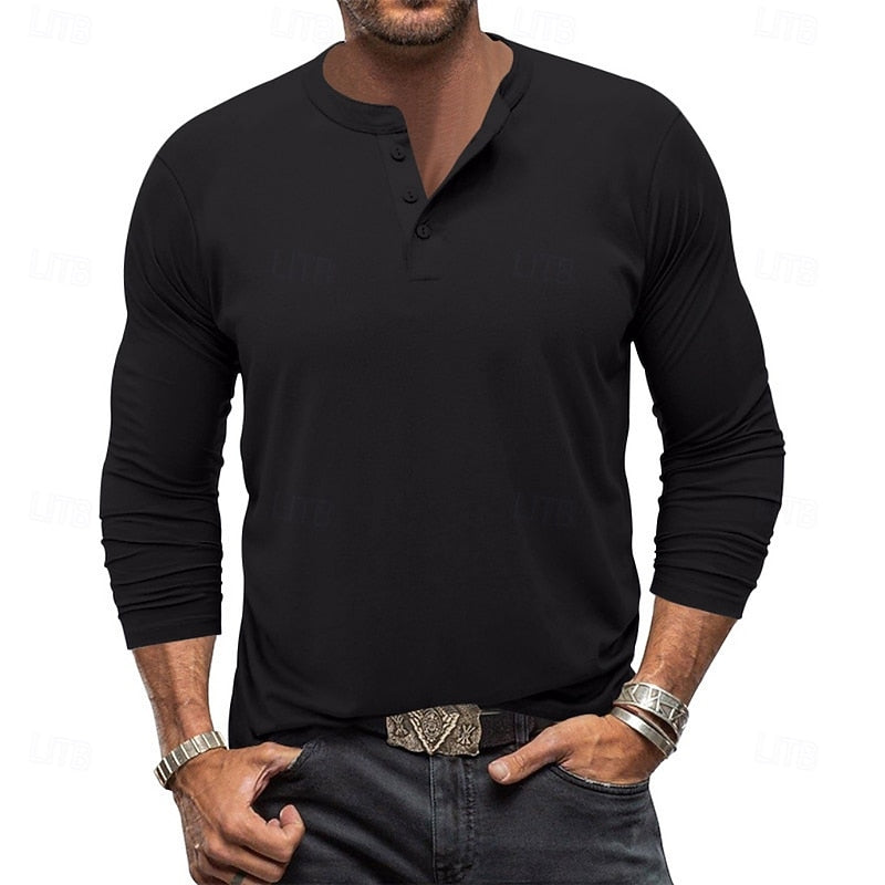 Men's long-sleeve henley shirt with button placket and casual fit