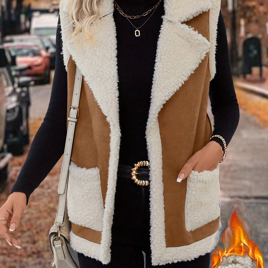 Women's rust sherpa lapel vest with open front and pockets