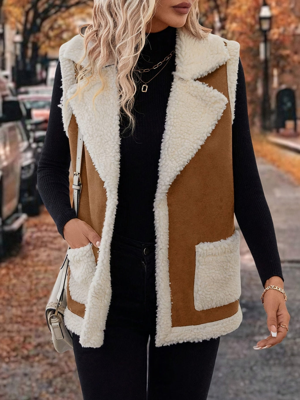 Women's rust sherpa lapel vest with open front and pockets