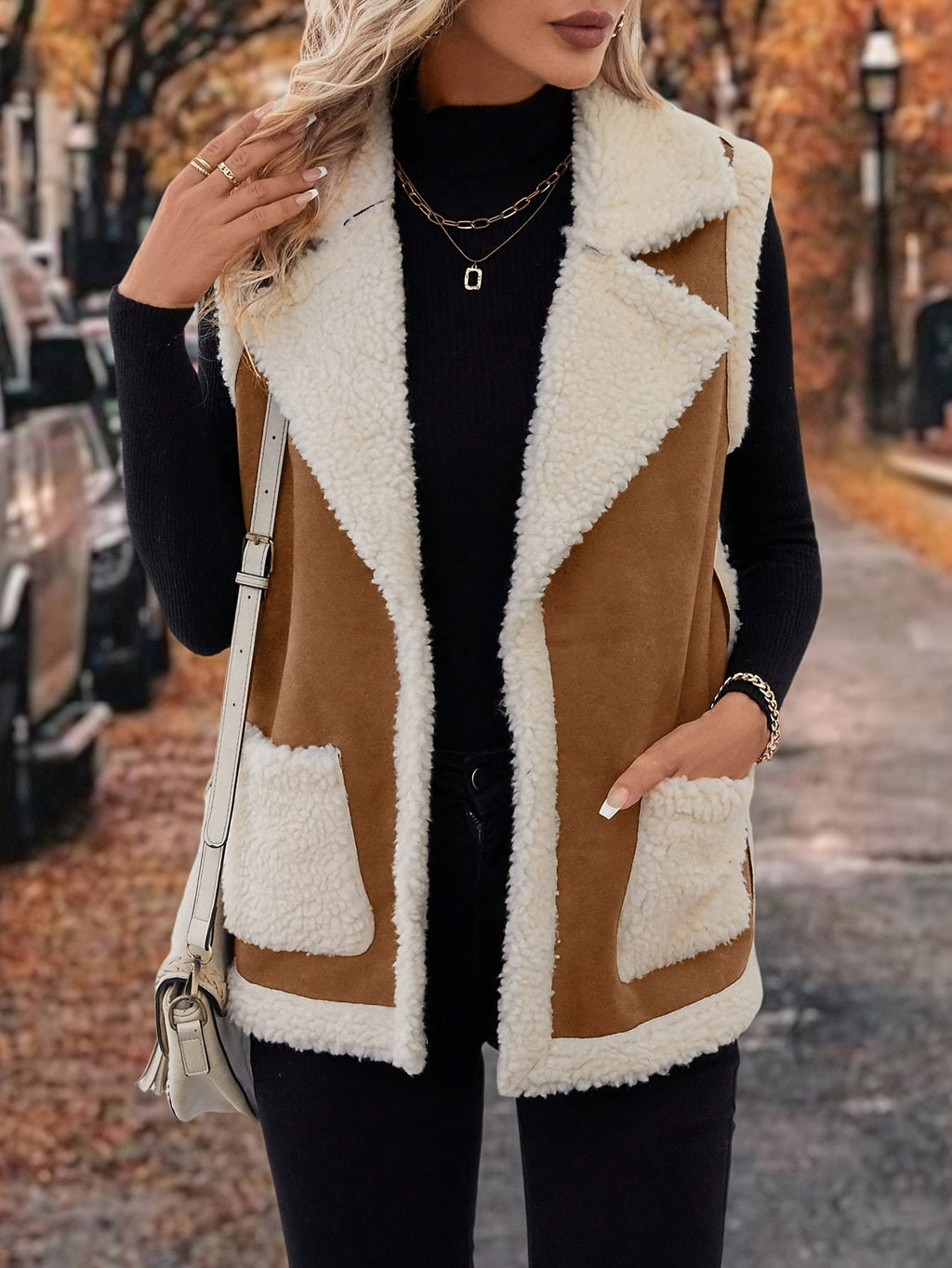 Women's rust sherpa lapel vest with open front and pockets