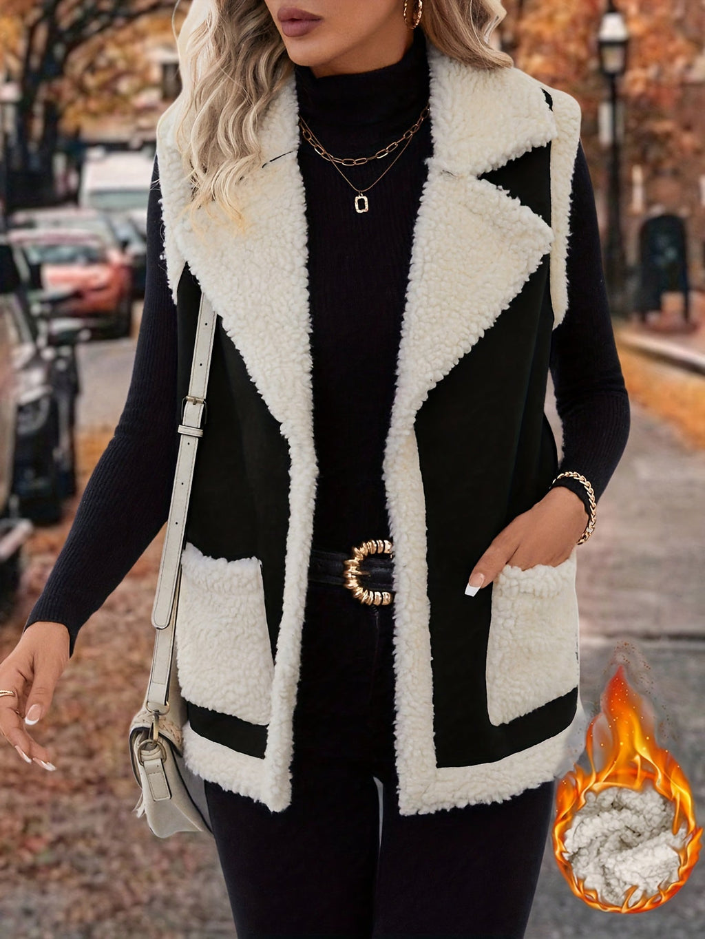Women's rust sherpa lapel vest with open front and pockets