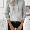 Women's grey ribbed knit pullover hoodie with drawstring hood