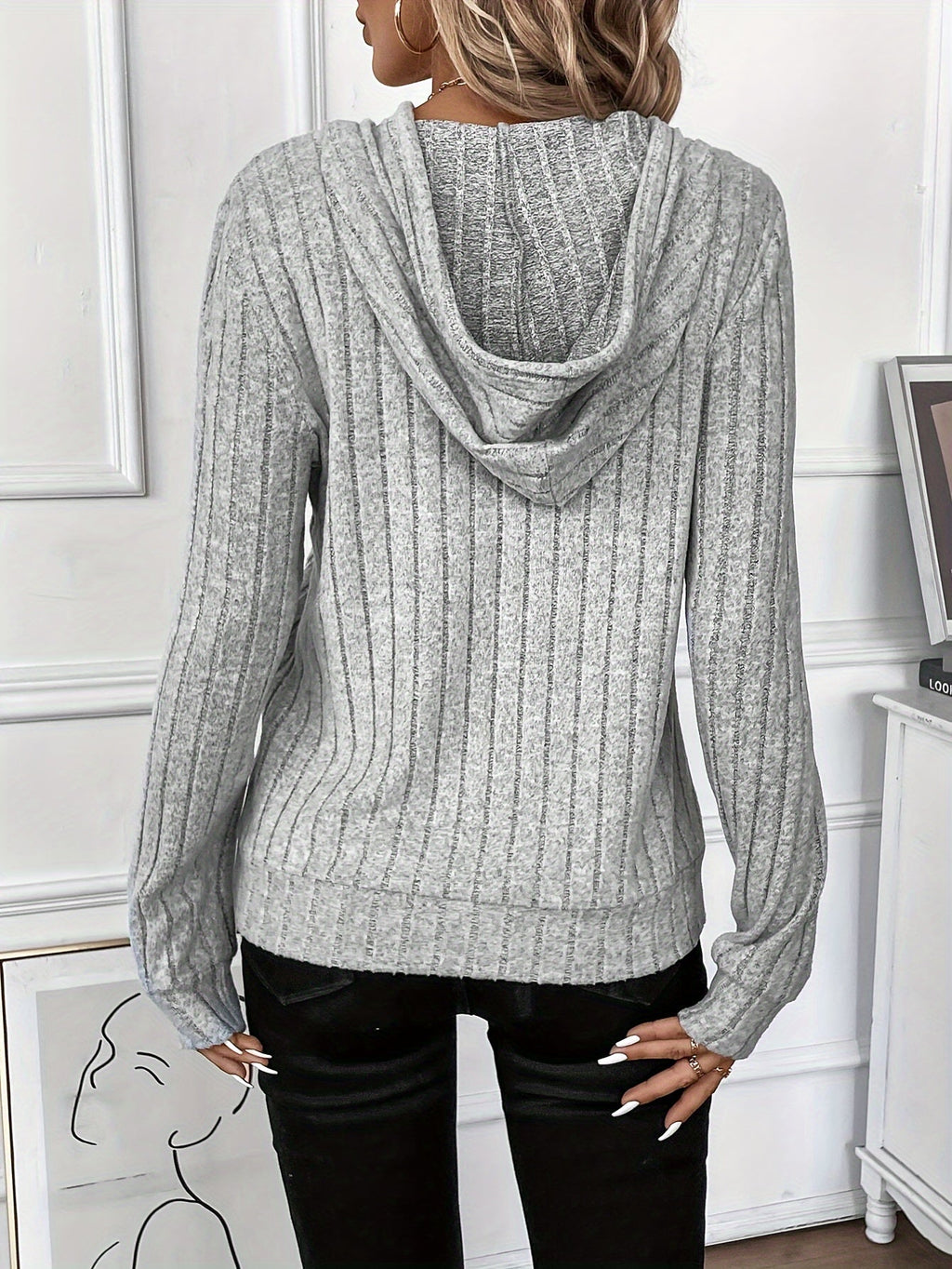 Women's grey ribbed knit pullover hoodie with drawstring hood