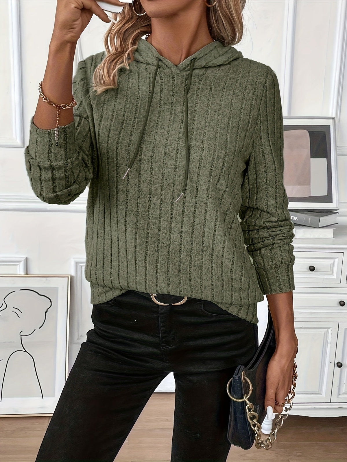 Women's grey ribbed knit pullover hoodie with drawstring hood