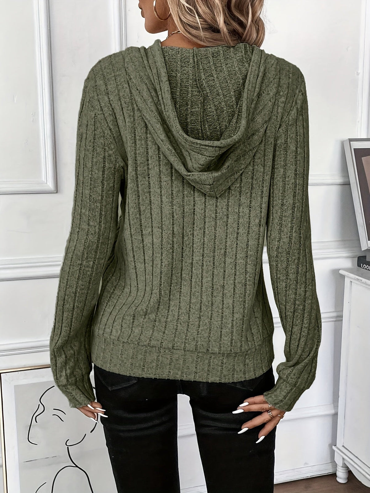 Women's grey ribbed knit pullover hoodie with drawstring hood