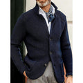 Men's navy blue textured stand-collar cardigan with button front
