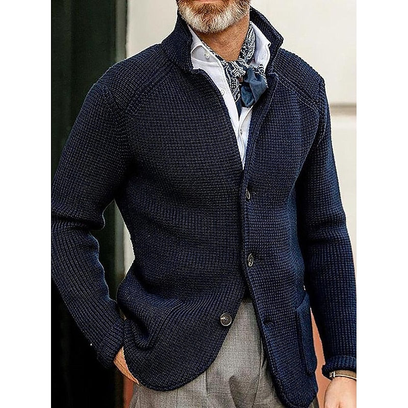 Men's navy blue textured stand-collar cardigan with button front