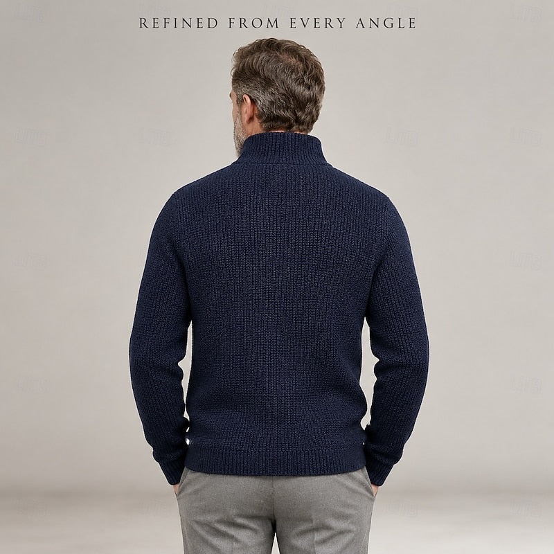 Men's navy blue textured stand-collar cardigan, back view