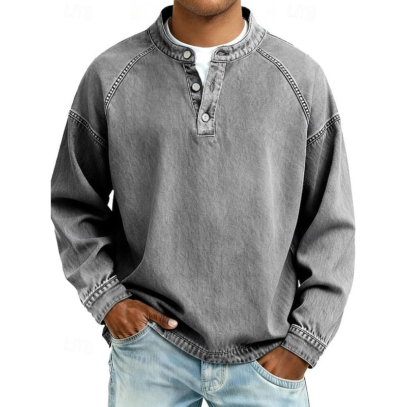 Men's vintage washed henley shirt with a stand collar and raglan sleeves