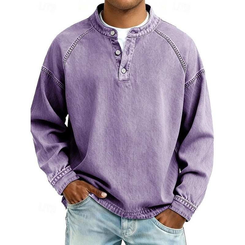 Men's vintage washed henley shirt with a stand collar and raglan sleeves