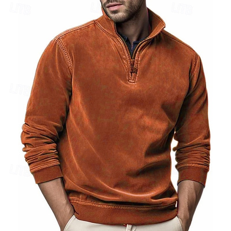 Men's orange quarter-zip sweatshirt with a standing collar for winter