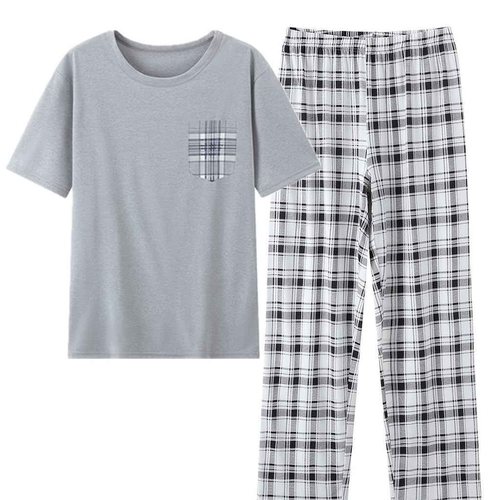 Men's light grey checkered two-piece pajama set with pocket tee