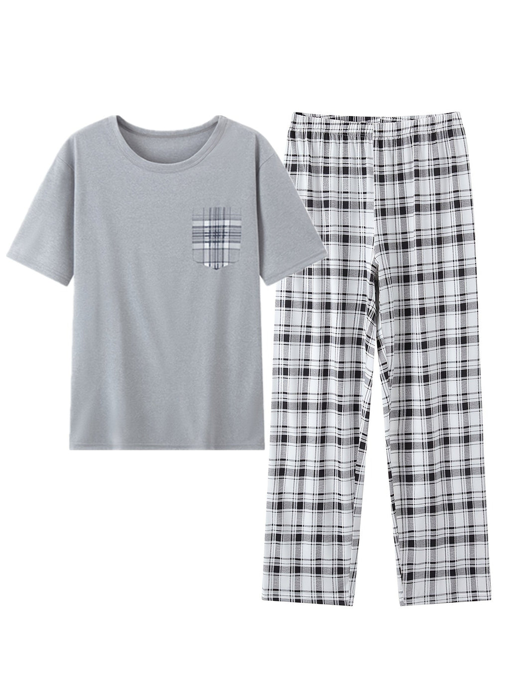 Men's light grey checkered two-piece pajama set with pocket tee