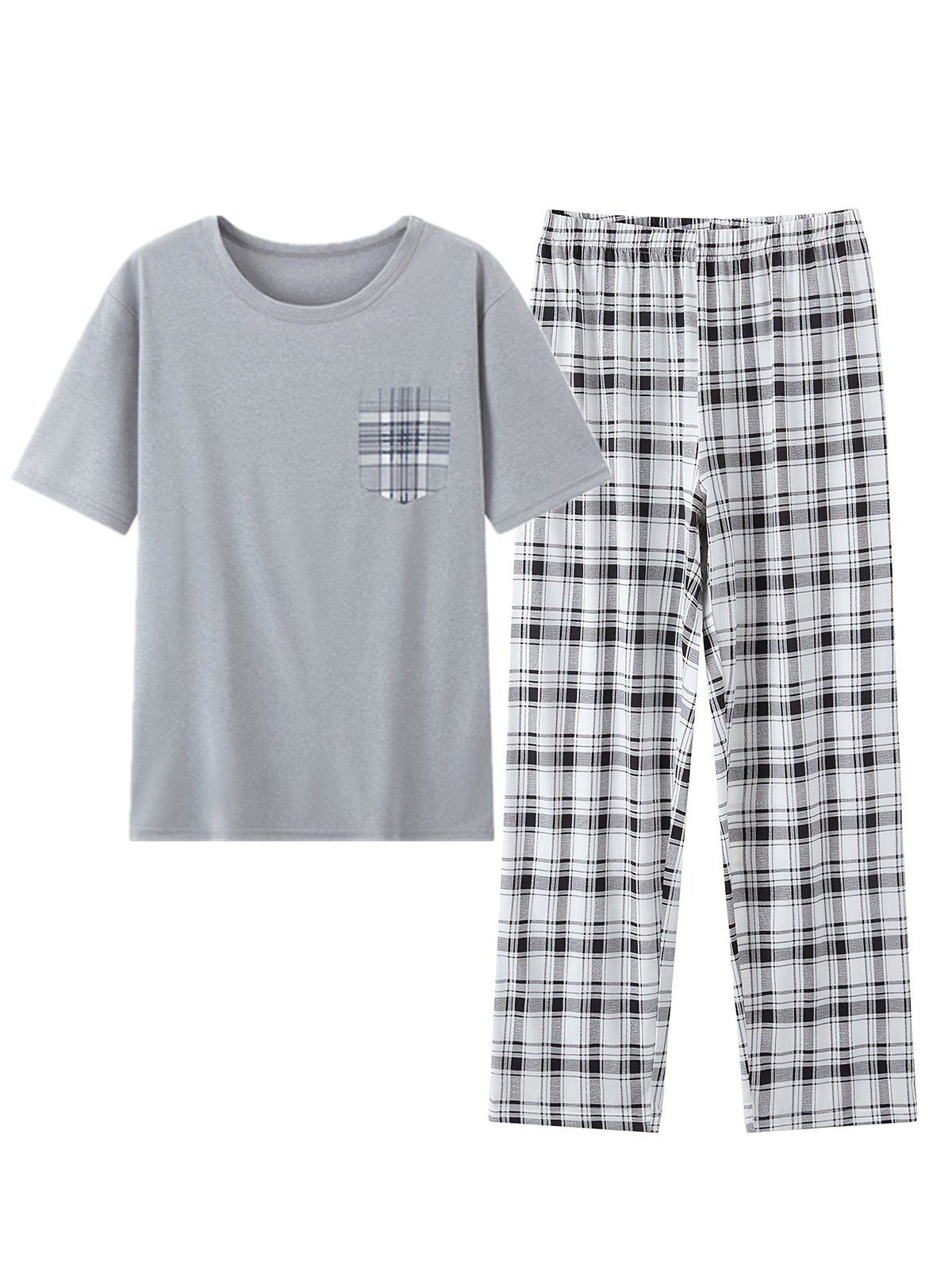 Men's light grey checkered two-piece pajama set with pocket tee