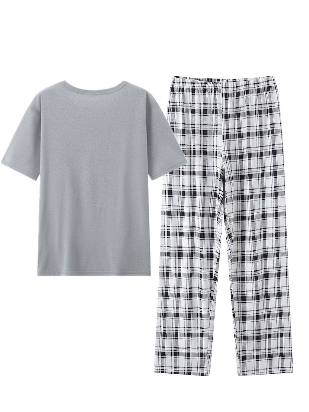 Men's light grey checkered two-piece pajama set with pocket tee