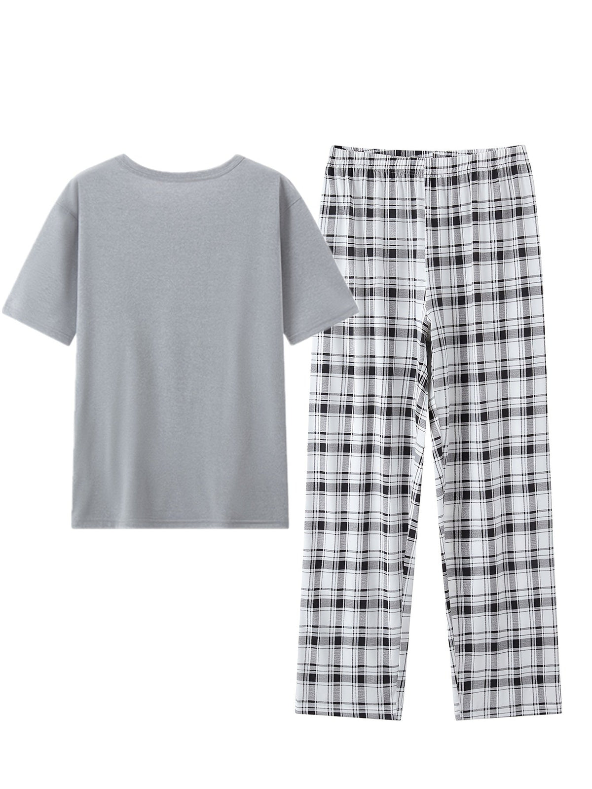Men's light grey checkered two-piece pajama set with pocket tee