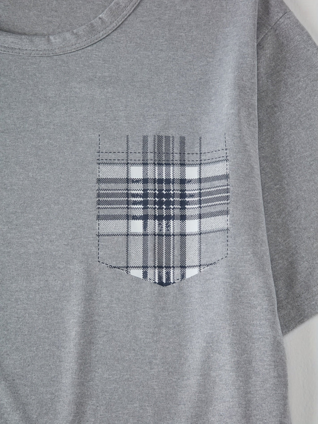 Men's light grey checkered two-piece pajama set with pocket tee