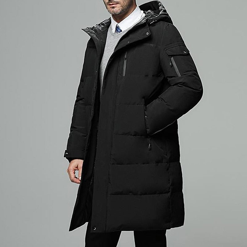 Men's hooded longline puffer jacket with zip pockets for winter
