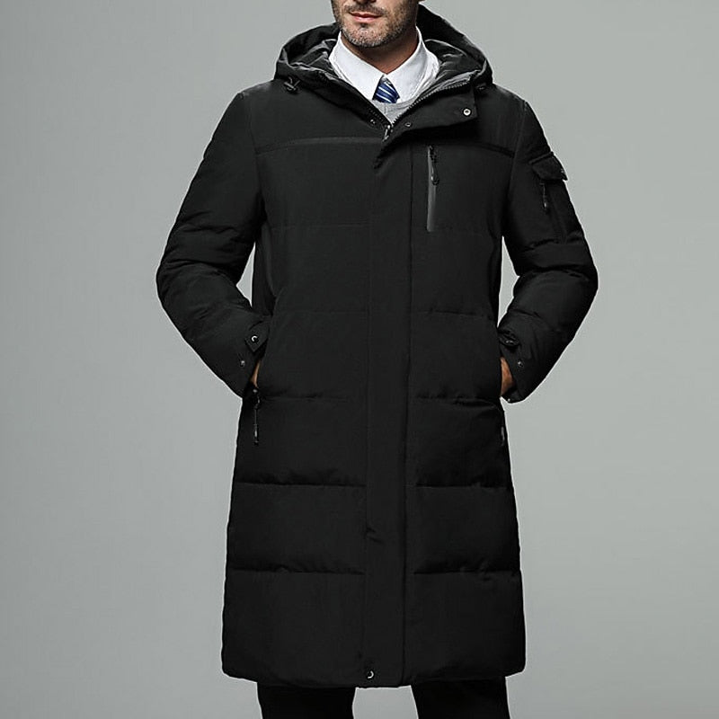 Men's hooded longline puffer jacket with zip pockets for winter