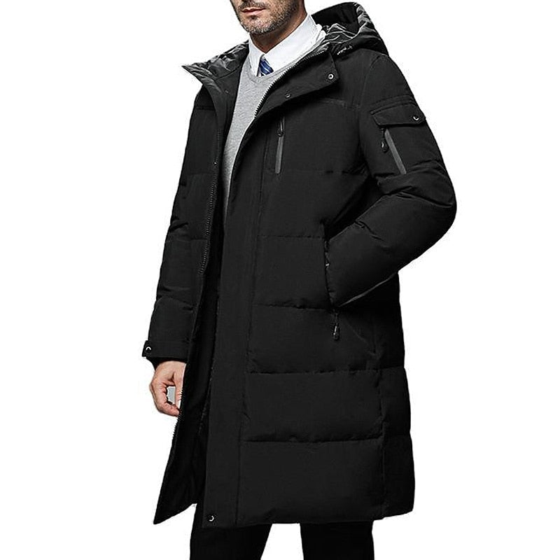 Men's hooded longline puffer jacket with zip pockets for winter