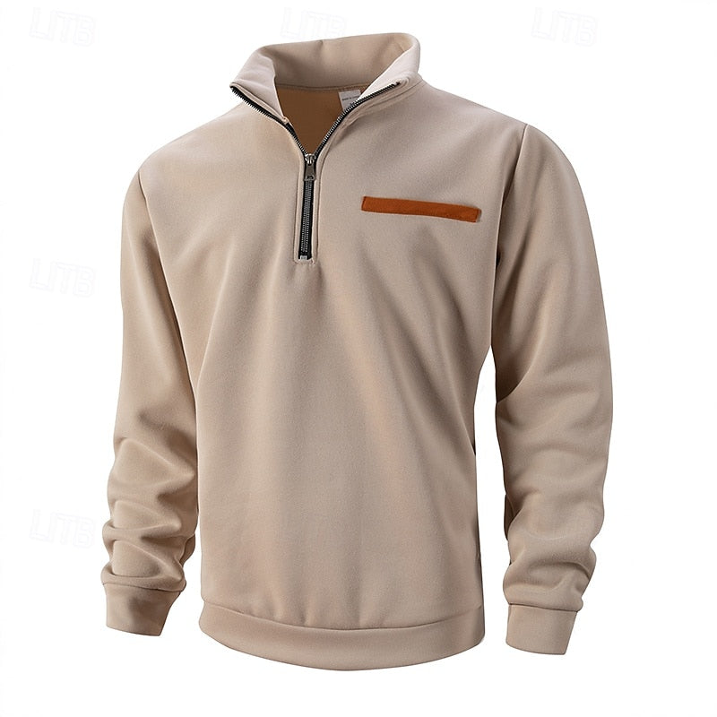 Men's quarter-zip pullover with standing collar and chest detail
