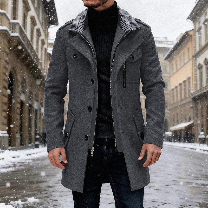 Men's tailored structured-collar overcoat with a classic silhouette