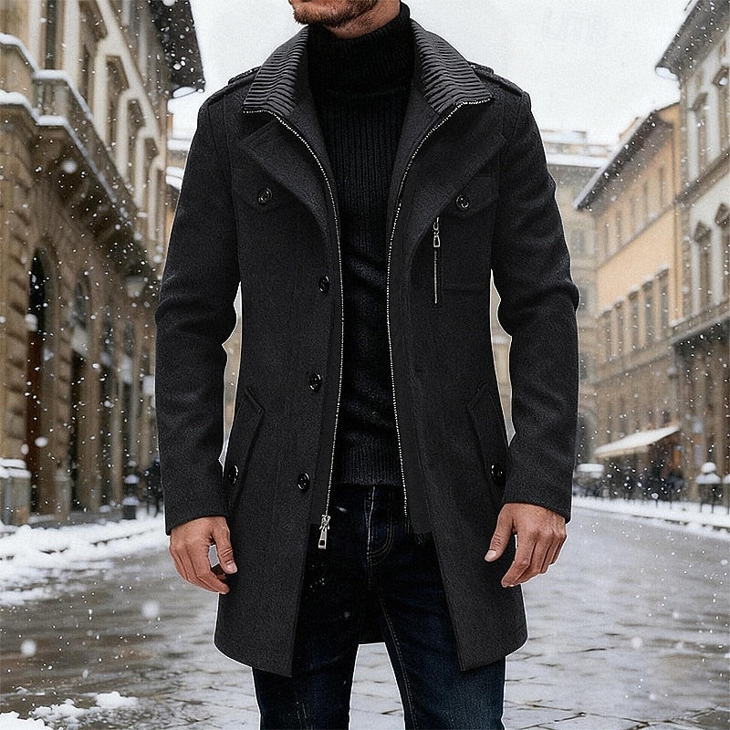 Men's tailored structured-collar overcoat with a classic silhouette