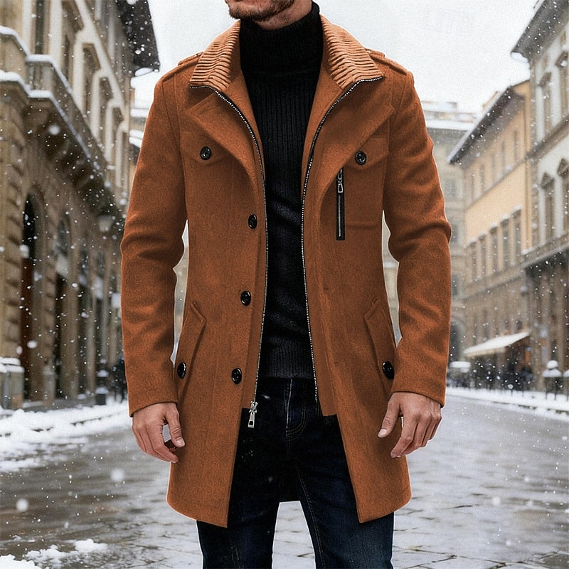Men's tailored structured-collar overcoat with a classic silhouette