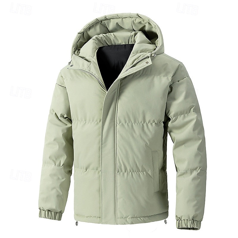 Men's green insulated hooded puffer jacket with elastic cuffs