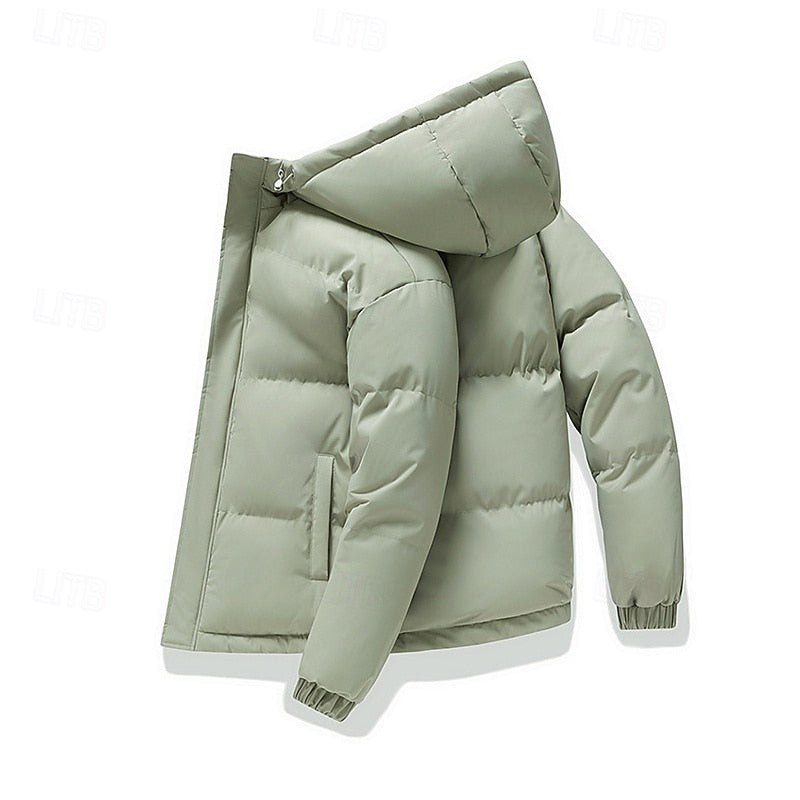 Men's green insulated hooded puffer jacket with elastic cuffs