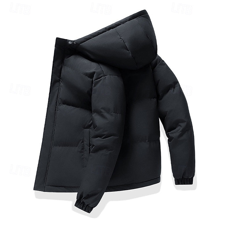 Men's black insulated hooded puffer jacket with elastic cuffs