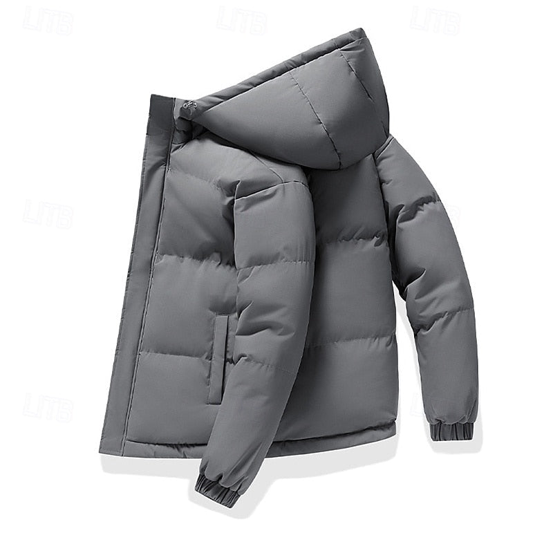 Men's gray insulated hooded puffer jacket with elastic cuffs