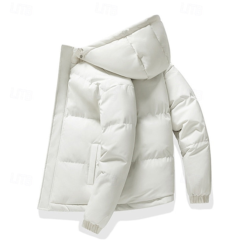 Men's gray insulated hooded puffer jacket with elastic cuffs