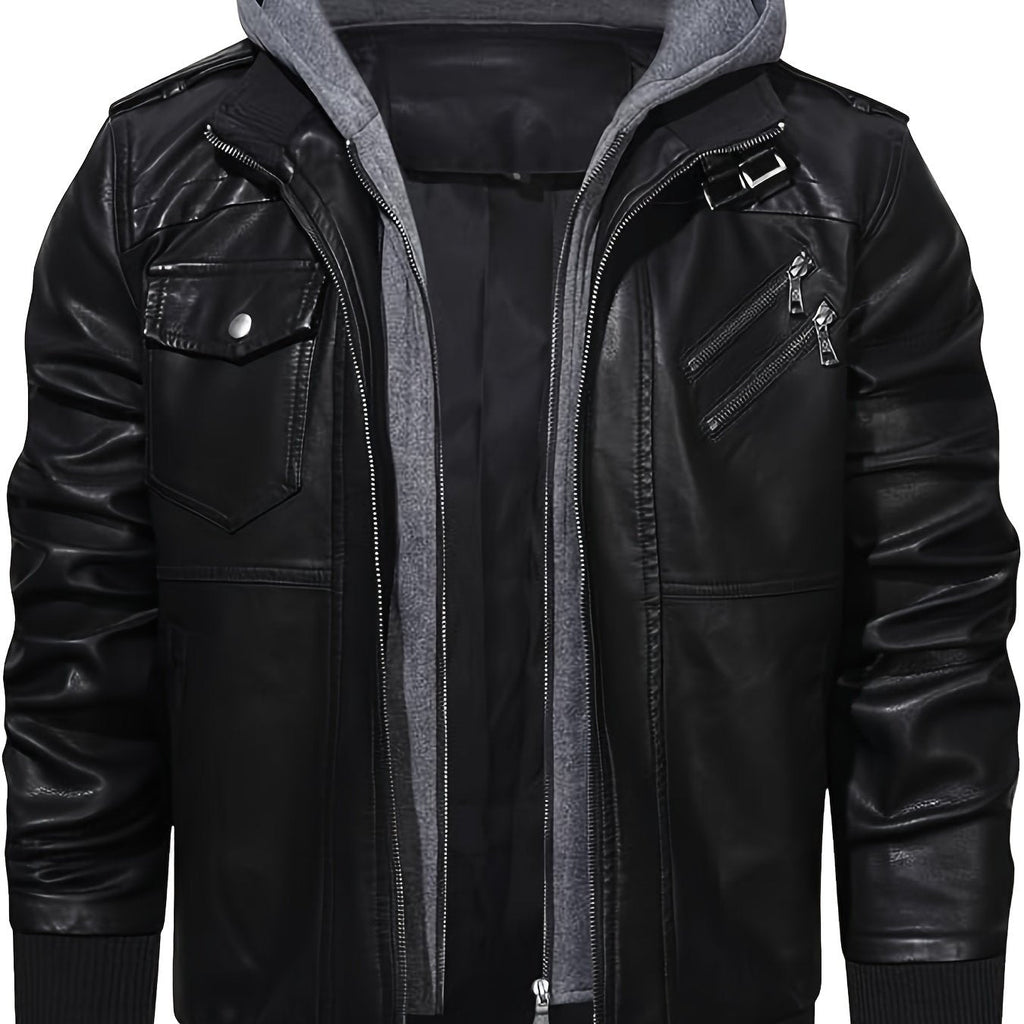 Men's black hooded moto jacket with a removable zip-off hood