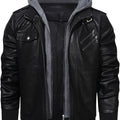 Men's black hooded moto jacket with a removable zip-off hood