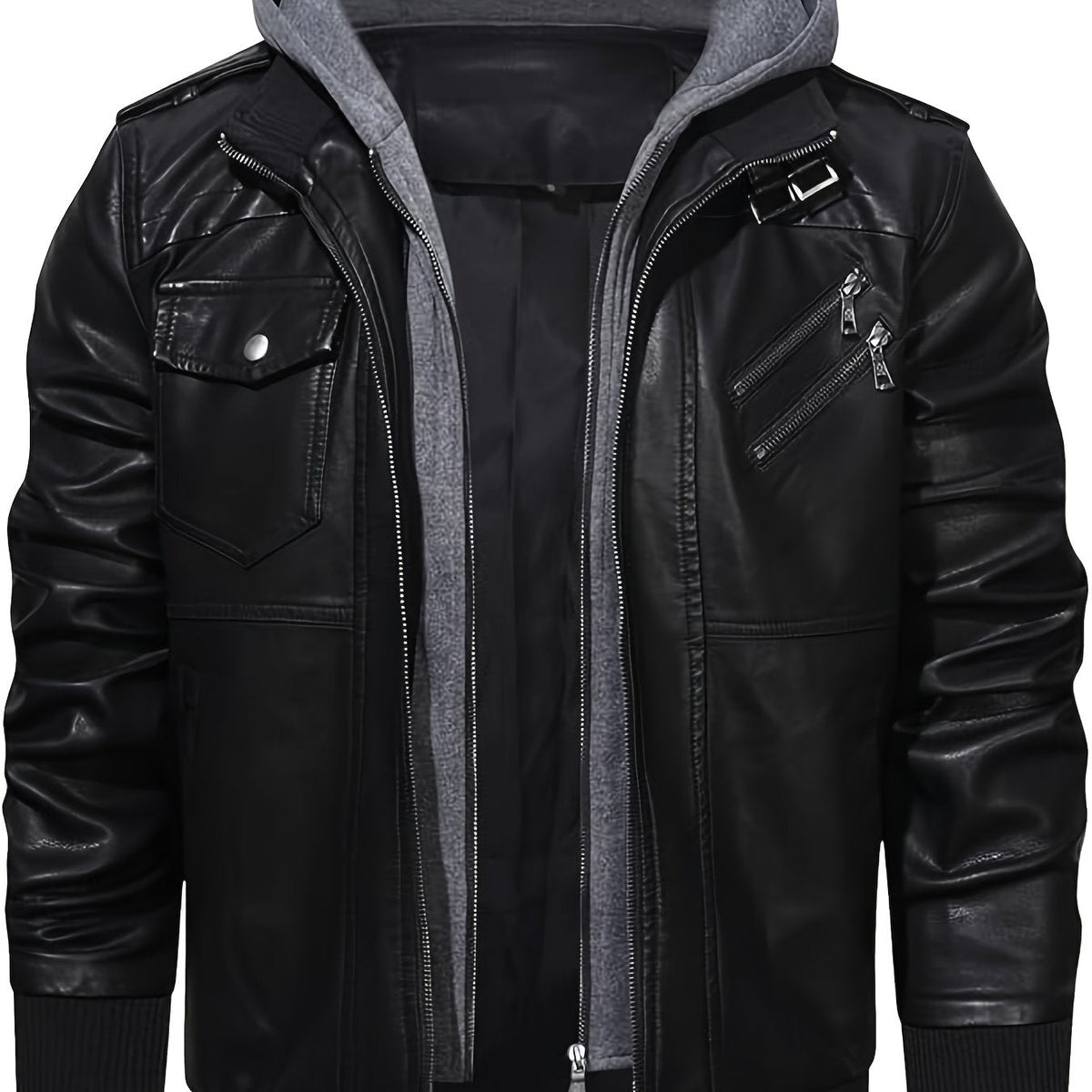 Men's black hooded moto jacket with a removable zip-off hood
