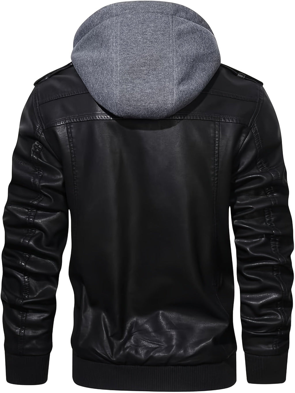 Men's black hooded moto jacket with a removable zip-off hood