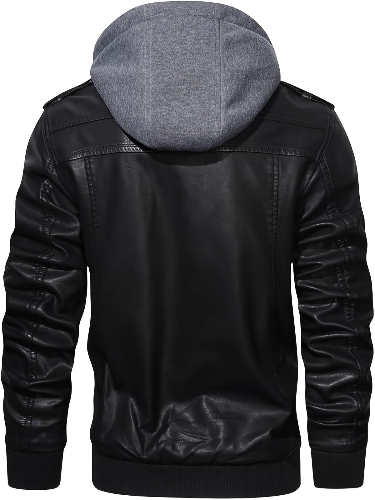 Men's black hooded moto jacket with a removable zip-off hood