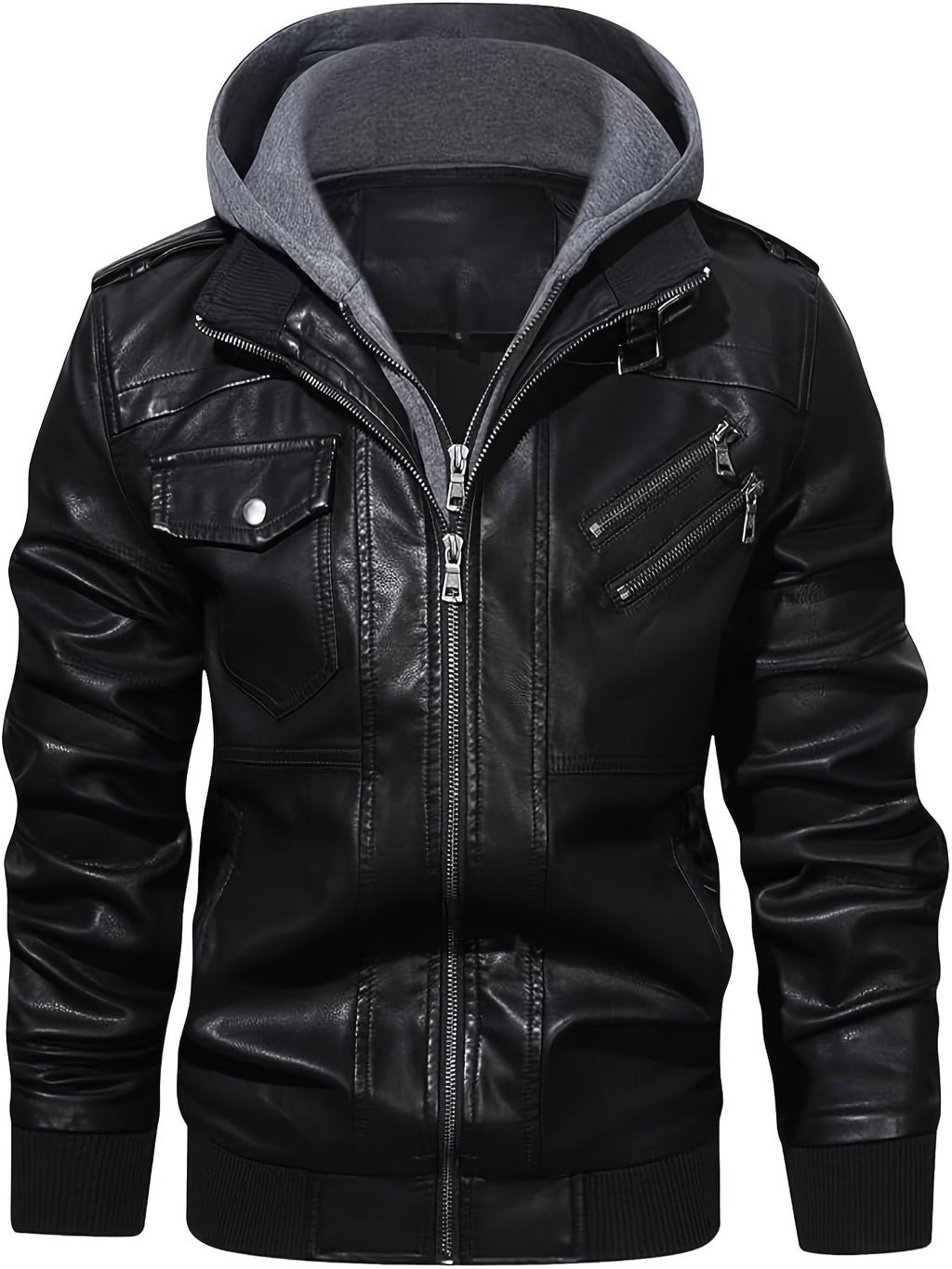Men's black hooded moto jacket with a removable zip-off hood