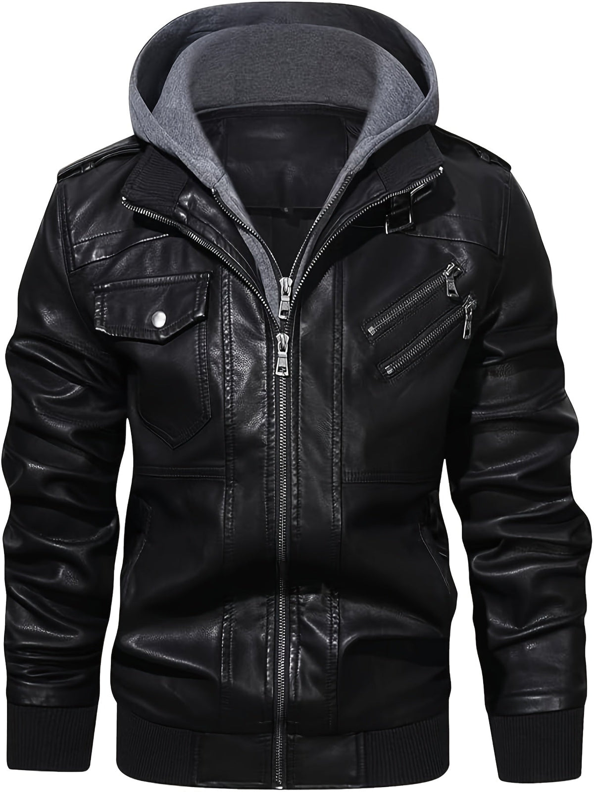 Men's black hooded moto jacket with a removable zip-off hood