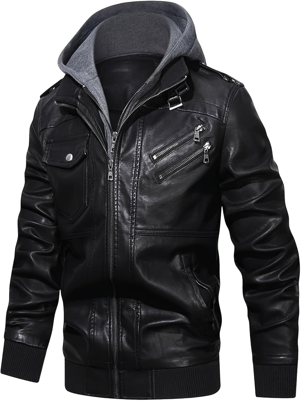 Men's black hooded moto jacket with a removable zip-off hood
