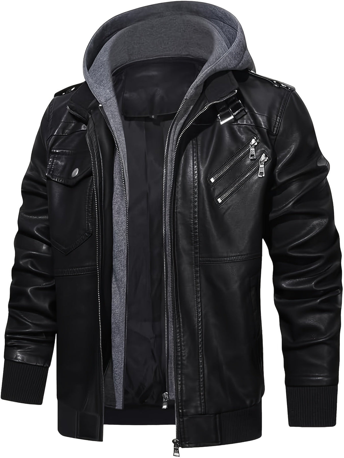 Men's black hooded moto jacket with a removable zip-off hood