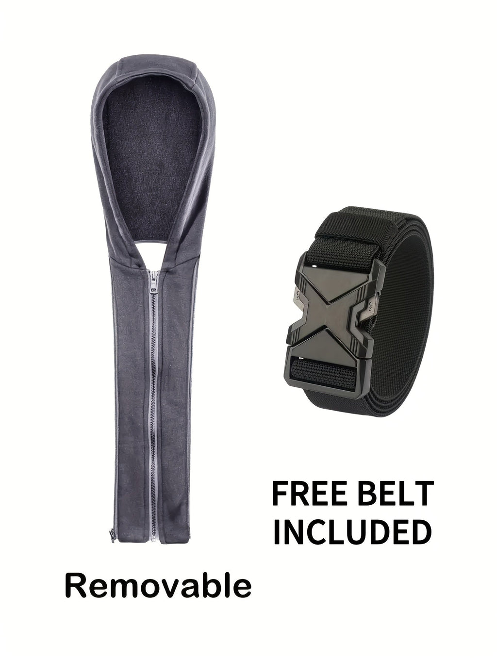 Men's black hooded moto jacket with a removable zip-off hood